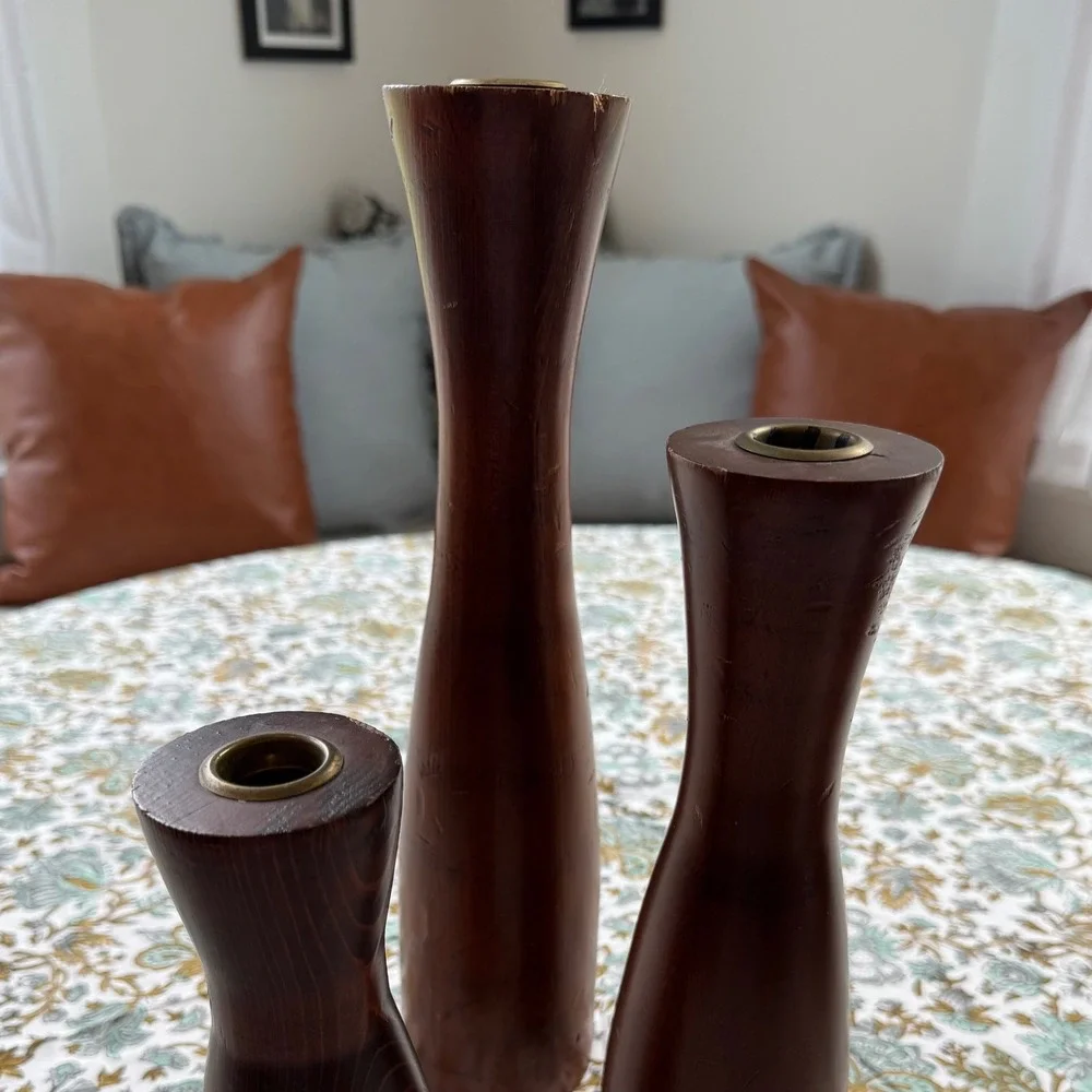 Edwin F Dalstrom Handcrafted Wood Candle Holder Set 3 Mid Century Modern Taper